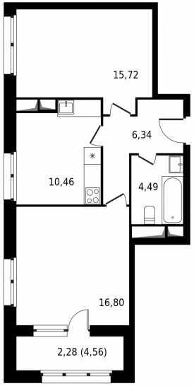 Двухкомнатная квартира 56.09 м²