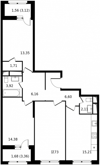Трёхкомнатная квартира 84.41 м²