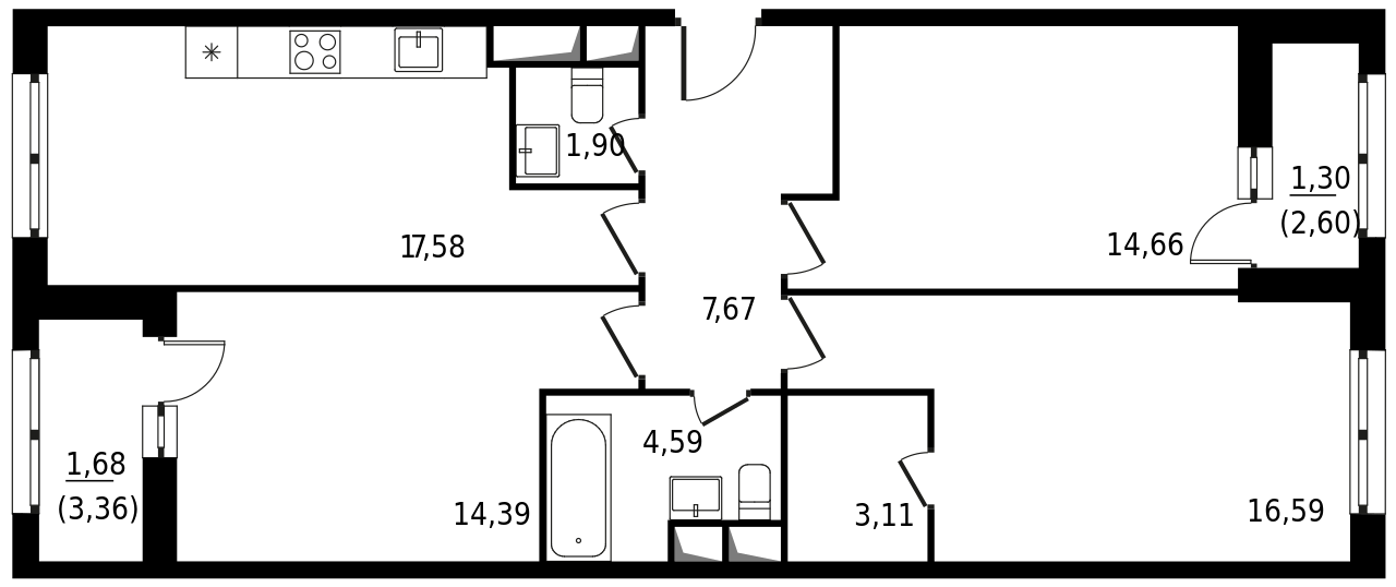 Трёхкомнатная квартира 83.56 м²