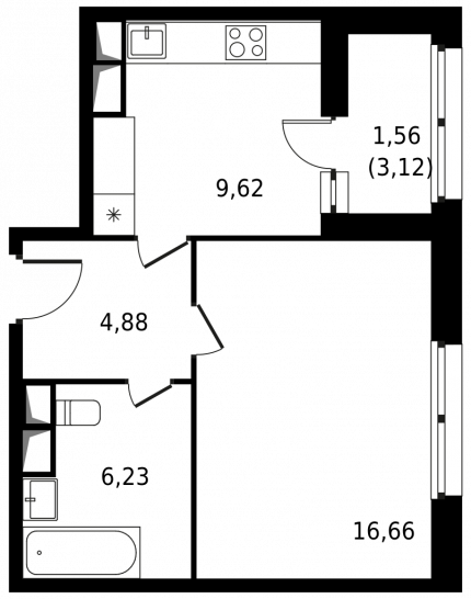 Однокомнатная квартира 38.95 м²