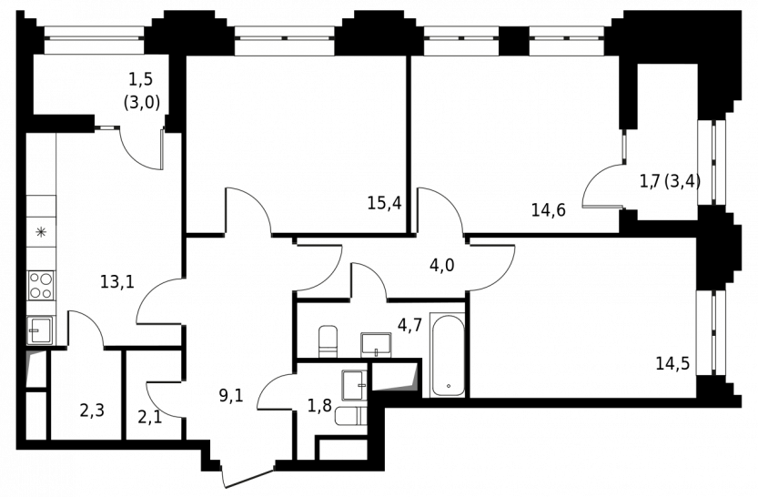 Трёхкомнатная квартира 84.8 м²