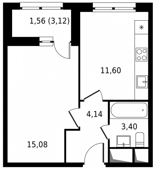 Однокомнатная квартира 35.78 м²