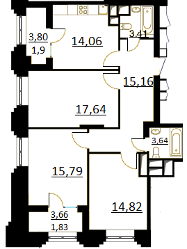 Трёхкомнатная квартира 89.7 м²