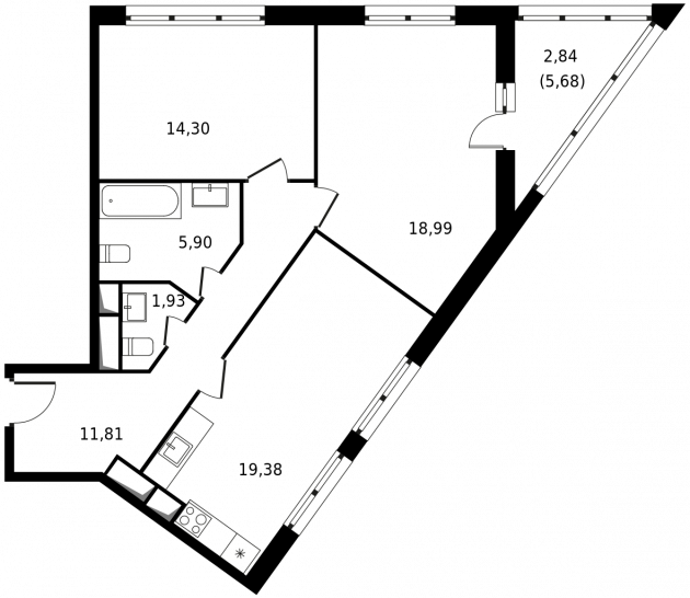 Двухкомнатная квартира 75 м²
