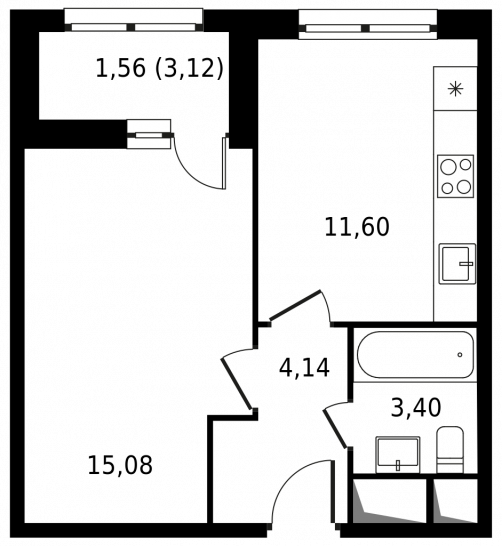 Однокомнатная квартира 35.78 м²