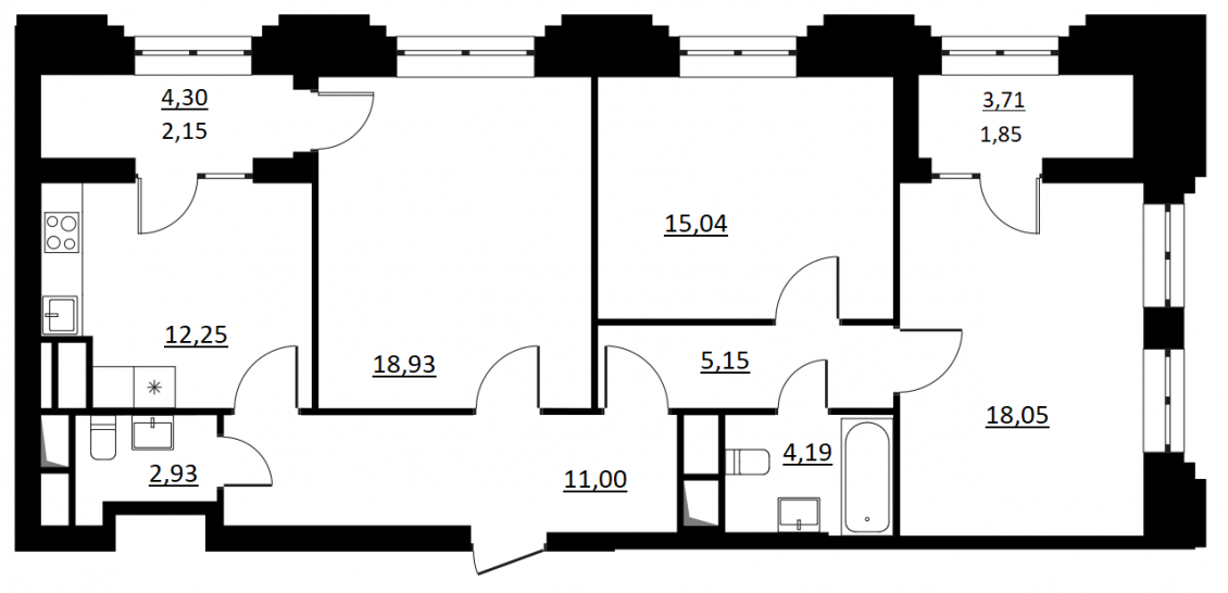 Трёхкомнатная квартира 91 м²