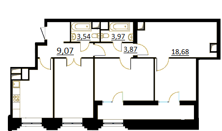 Трёхкомнатная квартира 101.4 м²